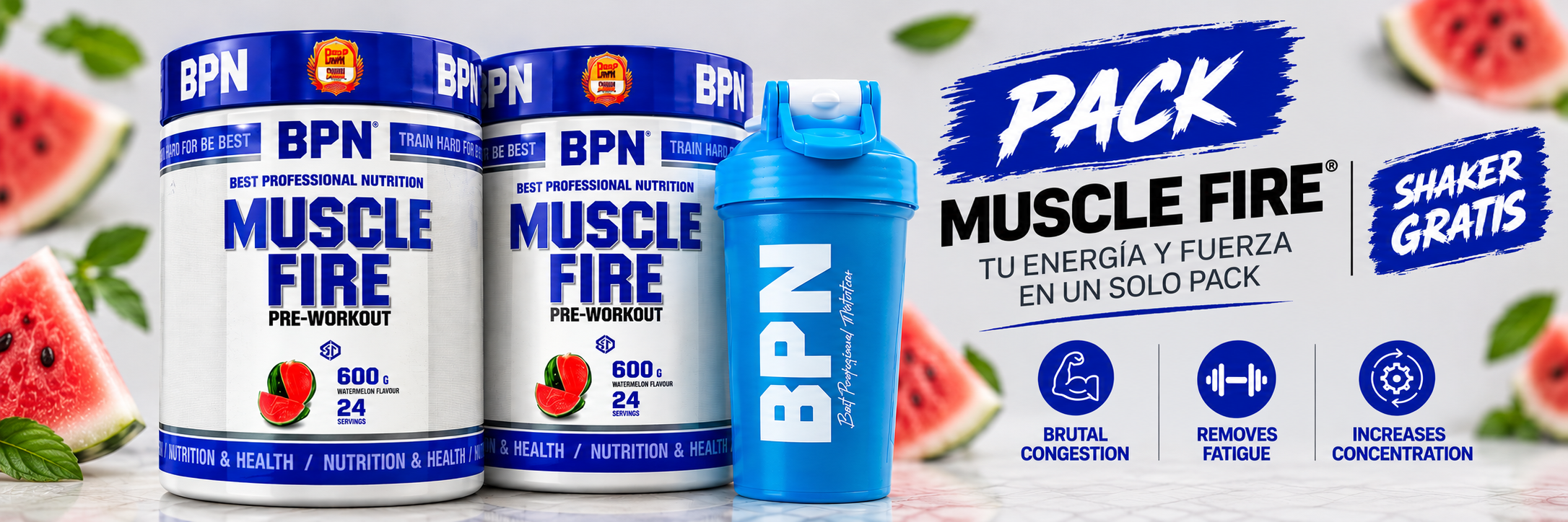 Pack BPN Muscle Fire sabor sandía con dos botes de 600 g y shaker azul de regalo