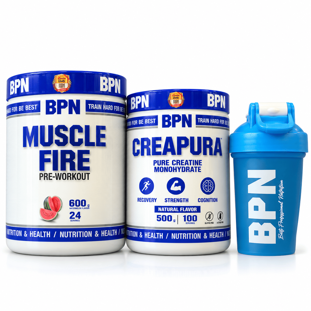 Pack BPN con Muscle Fire pre-workout de 600 g, Creapura creatina monohidrato de 500 g y shaker azul de regalo.