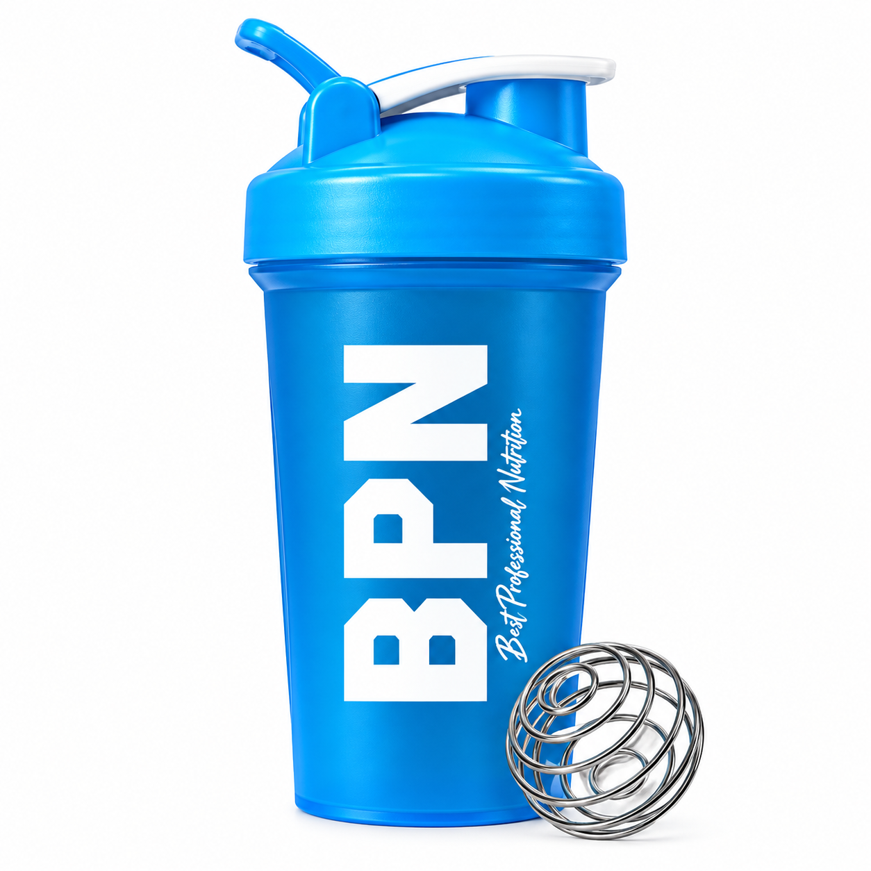 Shaker BPN azul de 400 ml con logotipo blanco y tapa con cierre.